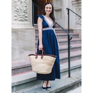 Navy Deep V Maxi Dress with Embroidered Trim